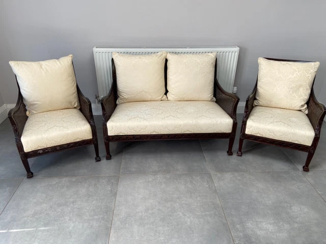 Antique Walnut Bergere Chair Three Piece Suite with Footstools 1920s Vintage,