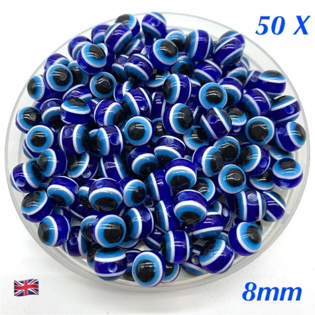 50 X Blue Evil Eye Round Resin Beads 8Mm Top Quality Jewellery Making, Bracelet