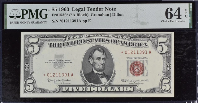 $5 1963 Star Note Legal Tender Red Seal Choice Uncirculated 64 EPQ