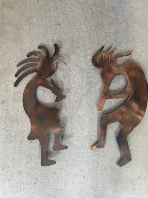 Set Of 2 Kokopelli Copper Fertility Aztec Musicians Metal Wall Art 20” Dancing