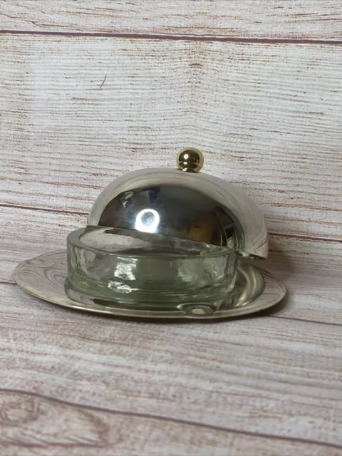 Silver Metal Gold Knob Covered Dome French Butter Pat Server Glass Dish Liner