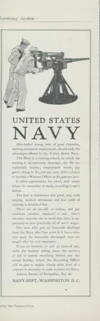 1910 United States Navy Dept Sailors Gun Recruitment Good Food Vtg Print Ad CO2
