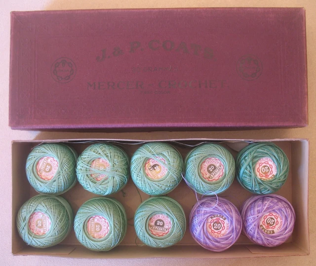 VINTAGE BOX J P Coats Mercer 20 Crochet Cotton Thread 10 Balls