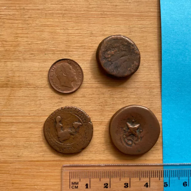 4x Mixed Coins & Tokens British India etc. c15.6g, c16g, c8g, c2.3g (ref #50)