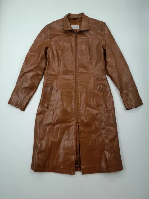 Vtg Outer Edge Shiny Tan Brown Leather Coat UK 12
