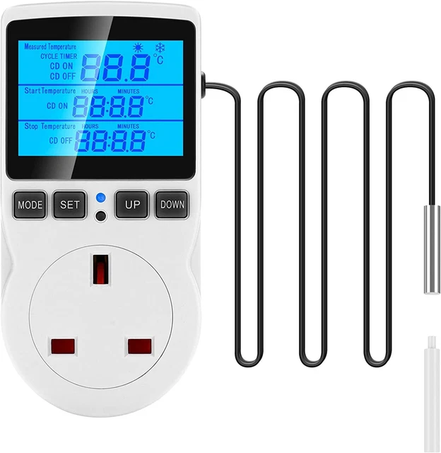 Digital Thermostat Outlet Plug Temperature Controller Heating Cooling With Probe