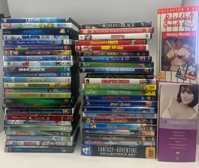 Lot of 59 total DVD & VHS Movies: Adult, Kids: Disney, DreamWorks, Natalie Wood