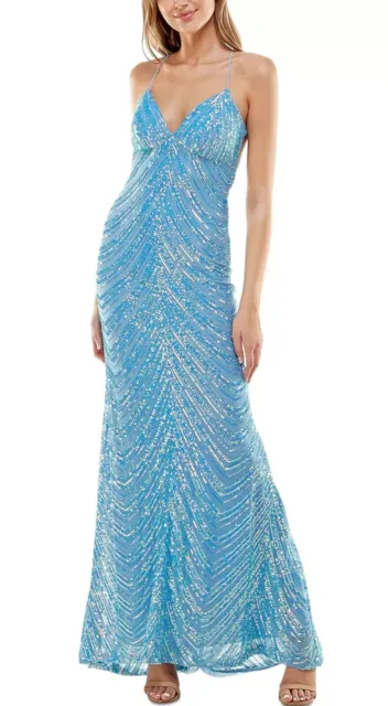 B.Darlin Prom Sequin Gown Light Blue Maxi Dress Lace-up Back Juniors size 1/2