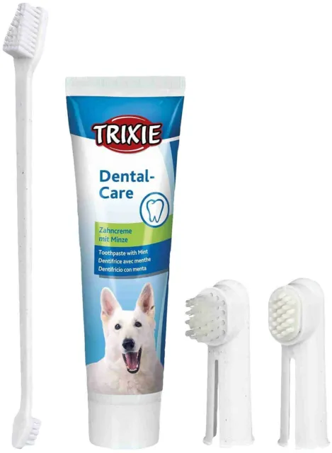 Trixie Dental Hygiene Set for Dogs Mint Toothpaste Brushes & Gum Massager, 100g
