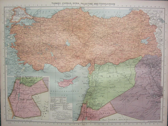1940 Map ~ Turkey Cyprus Syria Palestine Transjordan ~ Turkish Arabic Terms