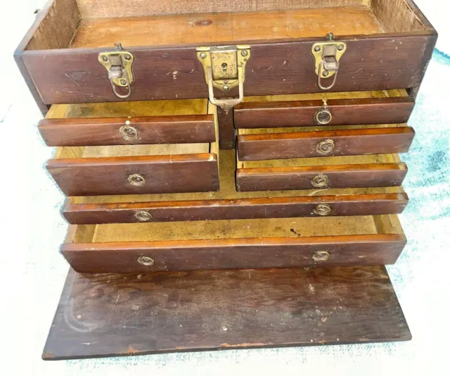 Vintage Oak Schartow Iron Sipco Products 8 Drawer Machinist Tool Box  20x9x12.5