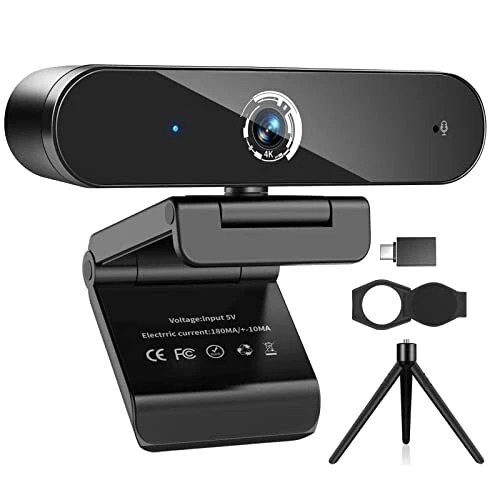 4K Webcam with Microphone, 4K Autofocus Web Camera with Privacy Cover and