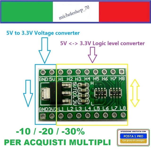 2 pezzi Modulo Convertitore di Livello Logico AMS1117 DC 5 V - 3.3 V
