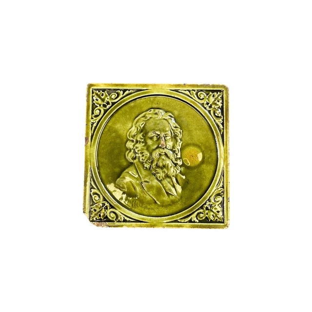 Antique Majolica Henry Longfellow American Poet Green Decorative Tile