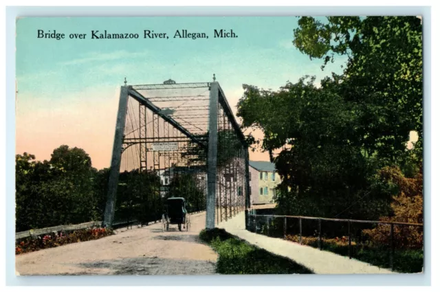 c1910 Bridge Over Kalamazoo River Allegan Michigan MI Carriage Postcard