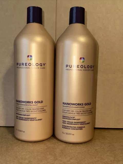 NEW! PUREOLOGY NANO Works Gold Shampoo and Conditioner Liter Set 33.8 ...