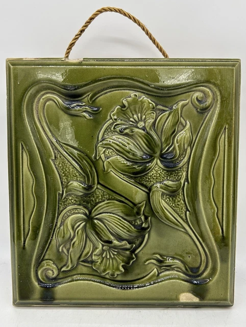Vintage Furnace Kachelofen Flower Tile, Art Nouveau, Green, Hanging