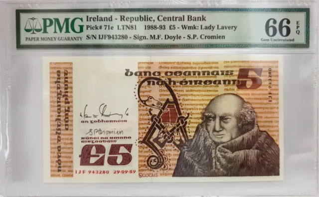 IRELAND Republic 1989 5 Pounds P 71 e, UNC PMG 66 EPQ