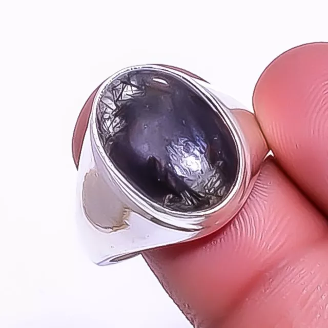 NATURAL BLACK RUTILATED Quartz Jewelry 925 Sterling Silver Ring Size 9 ...