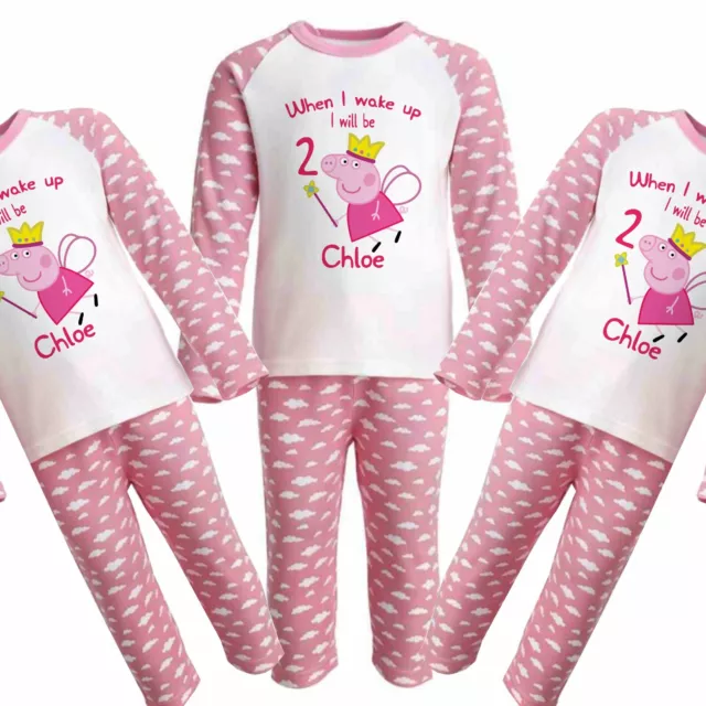 CHILDRENS Personalised BIRTHDAY Pjs*WHEN I WAKE UP * pink clouds fairy Peppa Pig