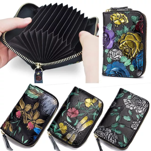 RFID Credit Card Holder for Women,Leather Floral Printed Zip Around Small Wallet