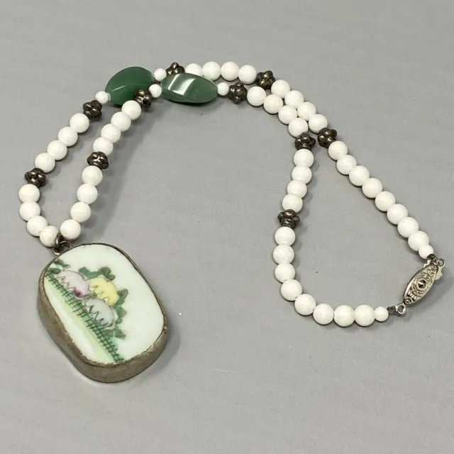 Chinese Porcelain Pendant Necklace Hand Painted Milky Quartz Jade Stone Bead Vtg