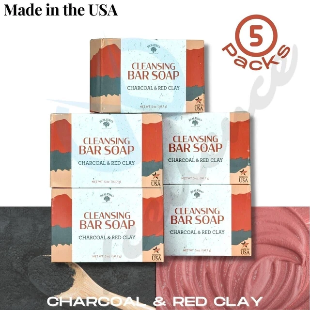 Jabón de barra limpiadora bolero, carbón vegetal y arcilla roja, 5 oz. Bar, 5 paquetes, hecho en EE. UU.