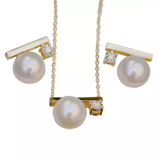 8.9-9mm Japan Akoya seawater White Pearl 18K Yellow Gold diamond pendant Earring