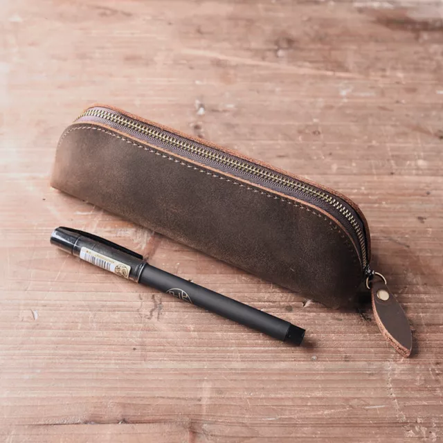 Vintage Handmade Genuine Cow Leather Pen Case Bag Zipper Pencil Pouch Brush Tool