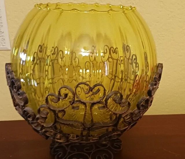 Beautiful Spanish Vintage  Greenish Glass Vase W/Scrolled/Rolled Metal Stand