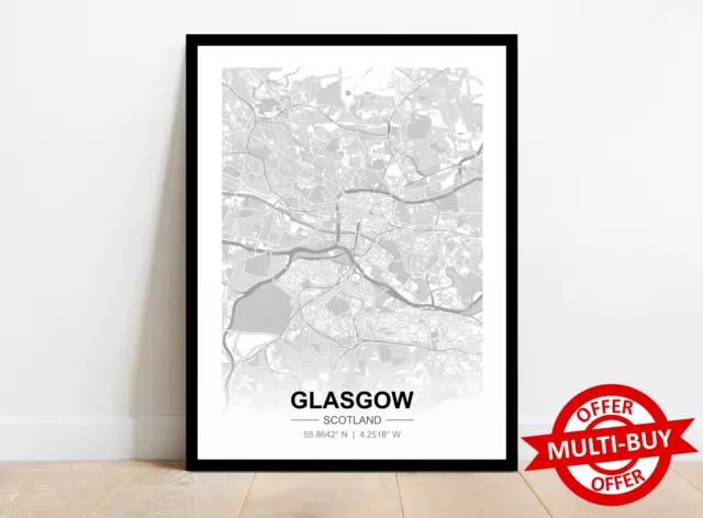 Glasgow Scotland Street Map Print City Map Wall Art Poster Monochrome