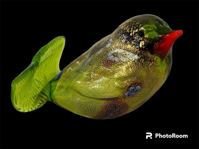 Murano Blown Art Glass Green Multi Finch Bird Figurine Gold Leaf Foil 2”