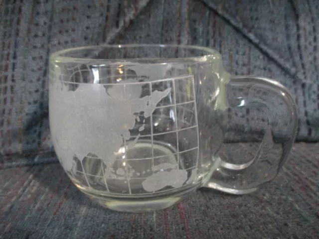 Vintage Nestle Co. Etched Clear Glass World Map Coffee Cup Mug