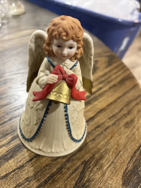 Vintage Homco #5105 Bisque Porcelain Girl Angel Bell Holiday Christmas Decor Euc
