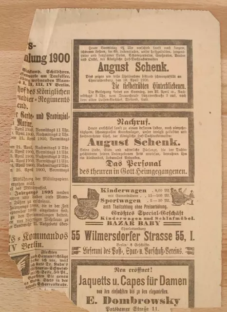 Zeitungsausschnitt Todesanzeigen August Schenk Dachdeckermeister Berlin 1900