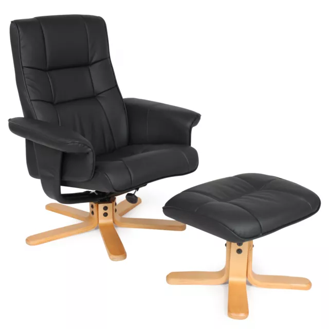 TV Sillón de Relax Poltrona Reclinable con Puff Polipiel negra base de madera