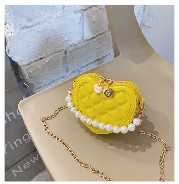 Cute Girl Heart Purse Leather With Pearl And Gold Chain 6 Colors