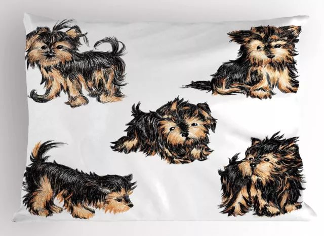 Ambesonne Yorkie Pillow Sham, Hand Drawn Yorkies Realistic Yorkshire Terrier 