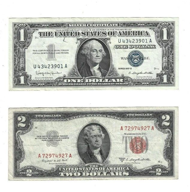 1957B $1 Silver Certificate U 43423901 A 1953B $2 Red Seal A 72974927 A Lot B8