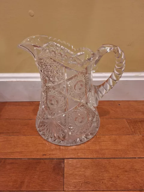 Vintage American Brilliant Cut 8" Crystal Glass Pitcher Pinwheel Heavy Antique