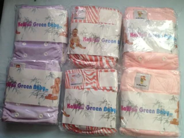 Lot of 6 KaWaii Little Green Baby Bamboo Newborn Pocket Diapers, 2 inserts each