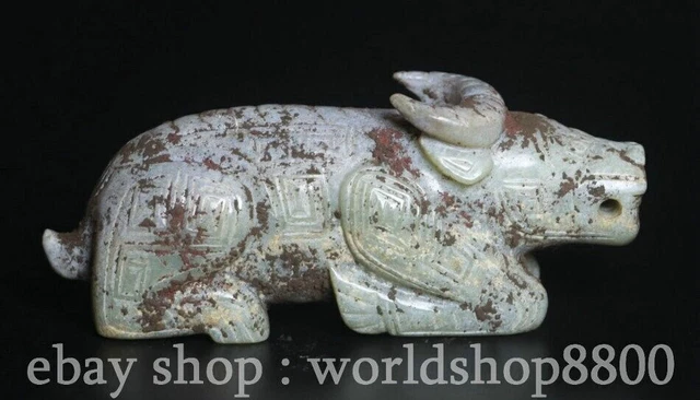 4.2" Chinese Natural Hetian Jade Nephrite Carving Cattle Beast Statue Sculpture