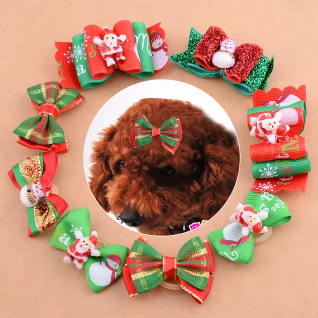 50/100x Christmas Pet Dog Cat Santa Hair Bows Grooming Rubber Band XMAS lp