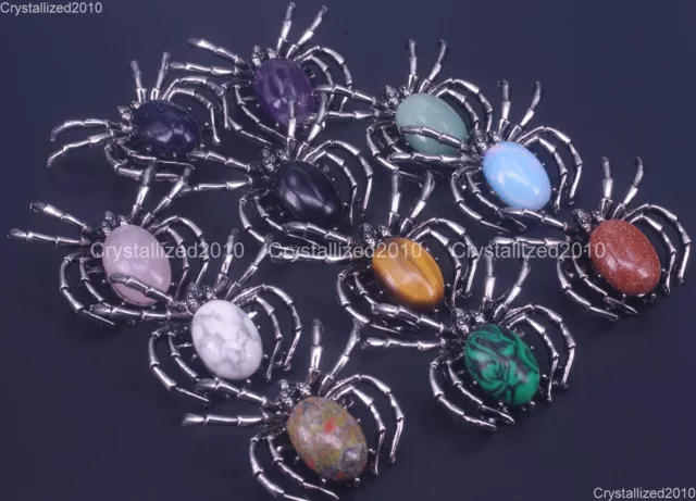 Natural Gemstone Spider Shap Healing Reiki Pendant Necklace Beads Tibetan Silver