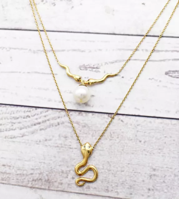 Natürlich Schlangen Schichtung Halskette Massiv 14k Gelbgold Minimalist Chain 2