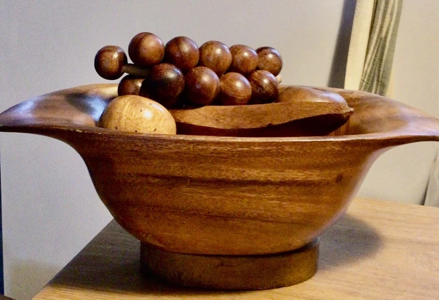 Vintage MCM Carved Wooden Fruit In Wonderfully Shaped Display Bowl Decrative Lot