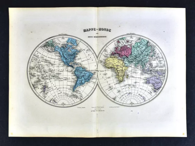 1877 Migeon Map - World in Hemispheres - America Europe Africa Asia Australia