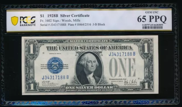 AC 1928B $1 Silver Certificate PCGS 65 PPQ J-B block  Fr 1602
