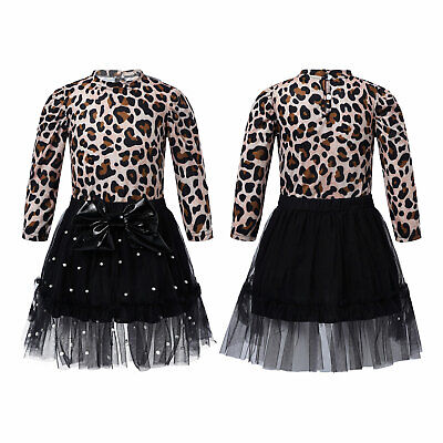 2Pcs Kids Girls Leopard Print Tops Tutu Skirts Sets Mesh Long Sleeve Spring Suit