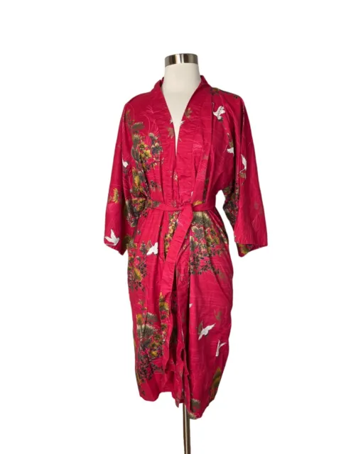 Red And Gold Crane Women’s Cotton Kimono Robe Made In Japan One Size